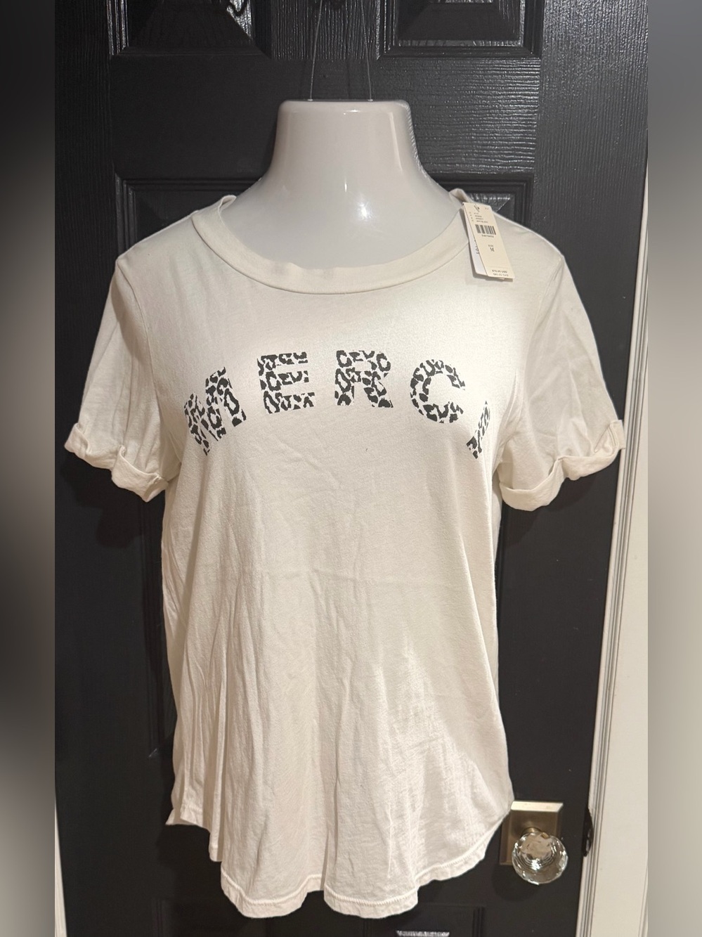 Anthropologie Sol Angeles Cream Tee with Leopard-Print Logo MERCI